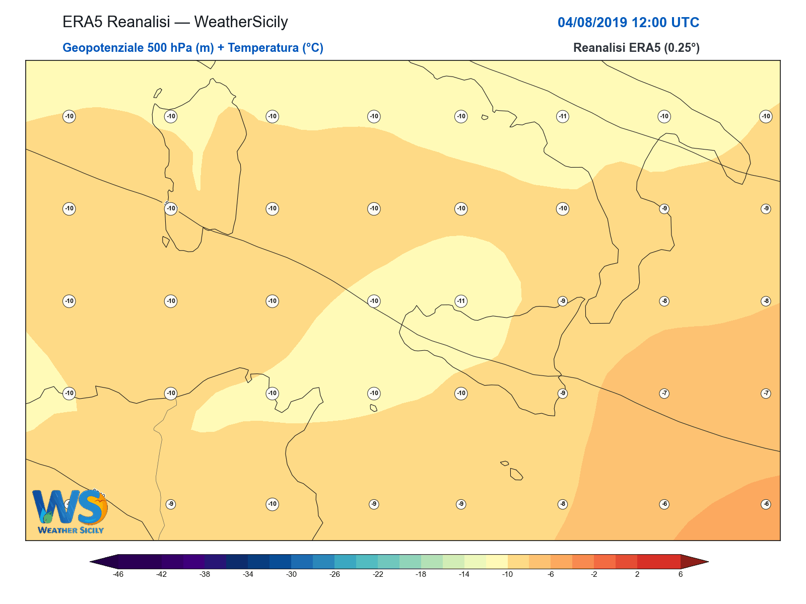 Geopotenziale 500 hPa + Temperatura · 2019080412