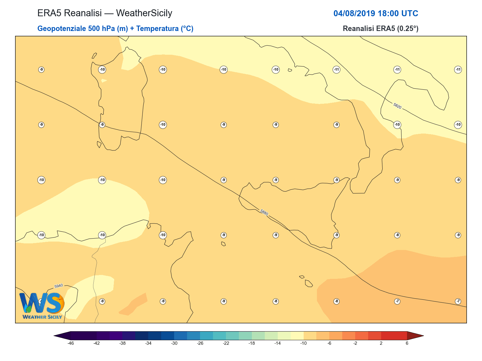 Geopotenziale 500 hPa + Temperatura · 2019080418