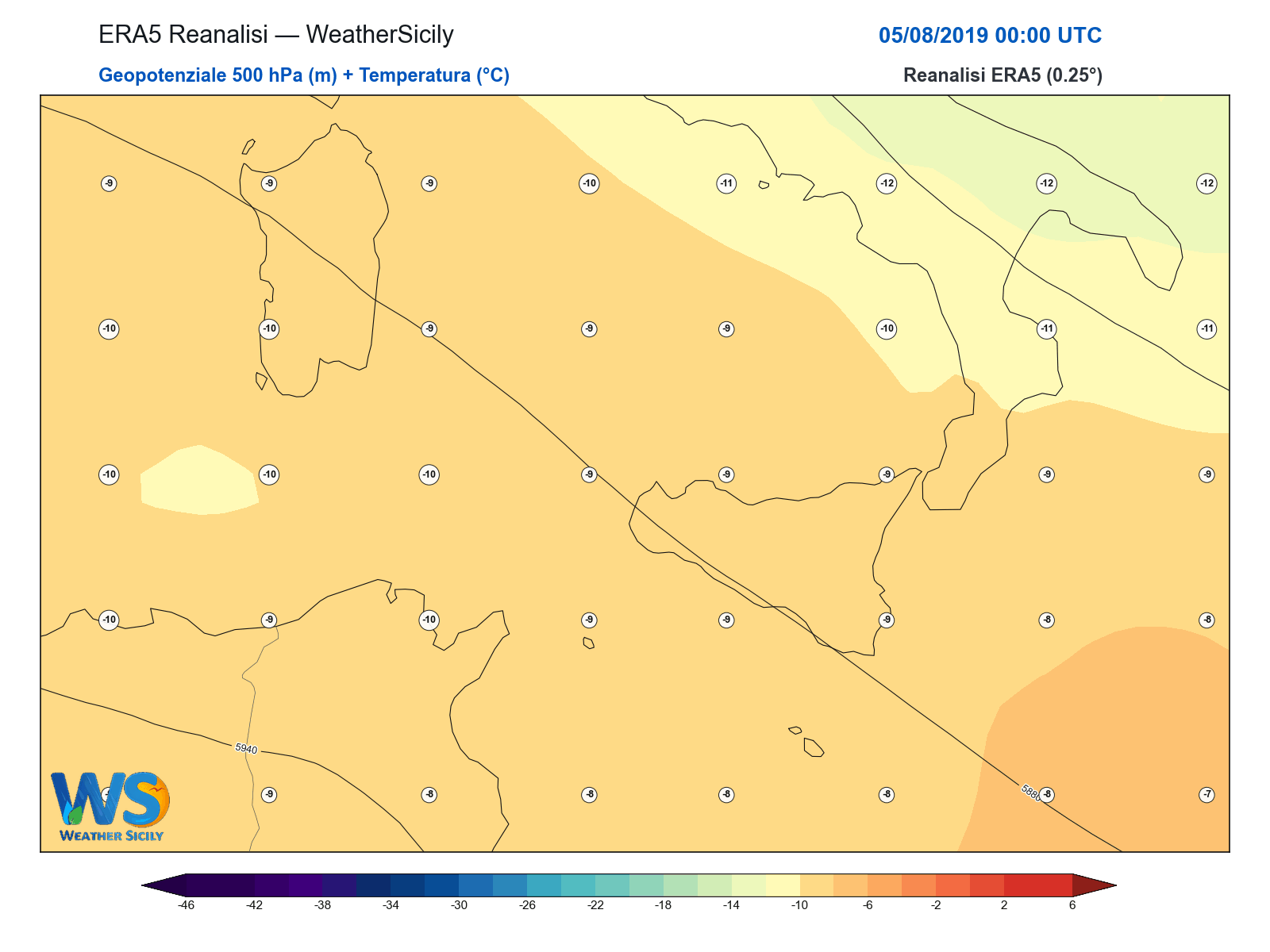 Geopotenziale 500 hPa + Temperatura · 2019080500
