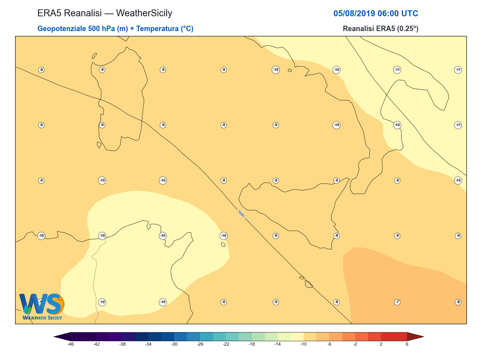 Geopotenziale 500 hPa + Temperatura · 2019080506
