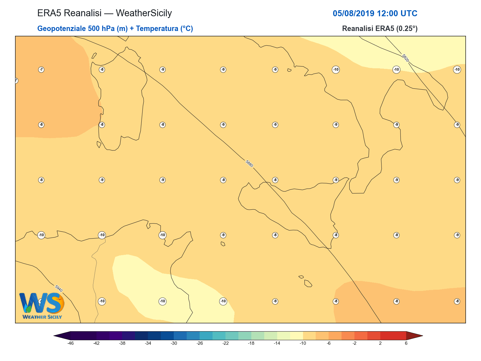 Geopotenziale 500 hPa + Temperatura · 2019080512