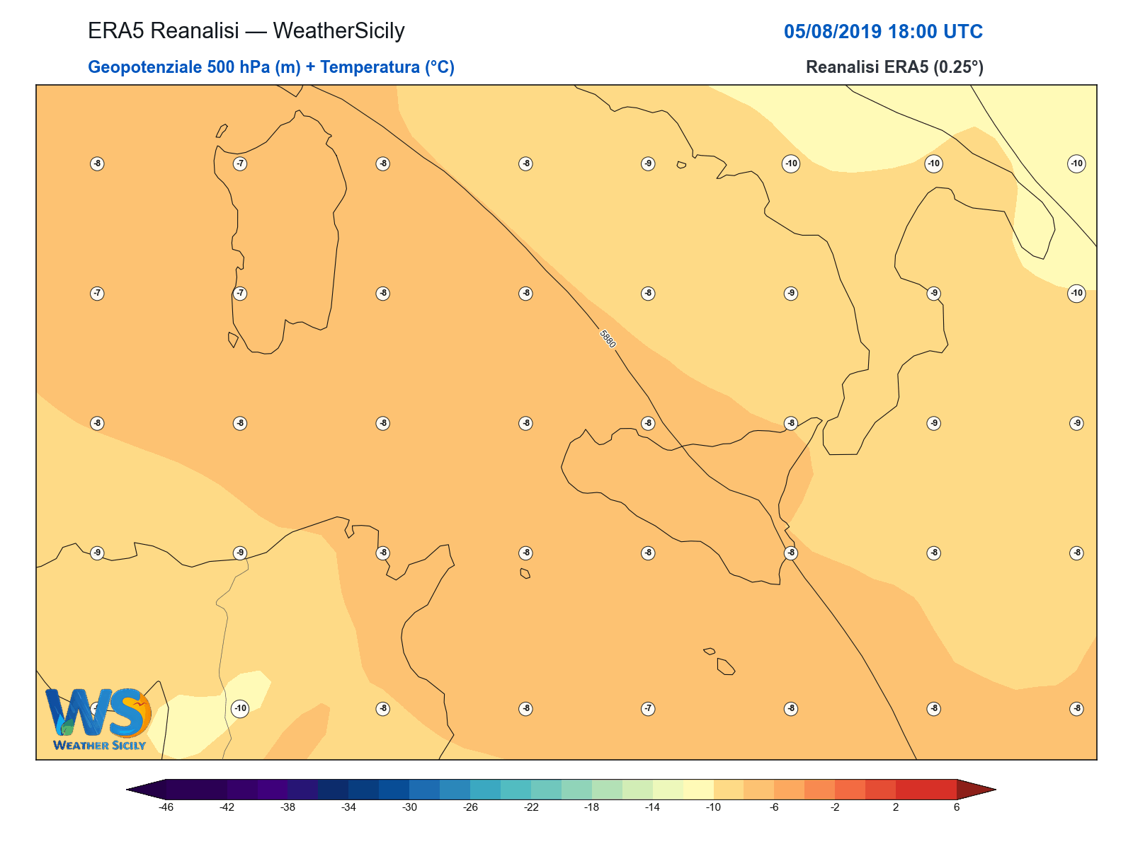 Geopotenziale 500 hPa + Temperatura · 2019080518