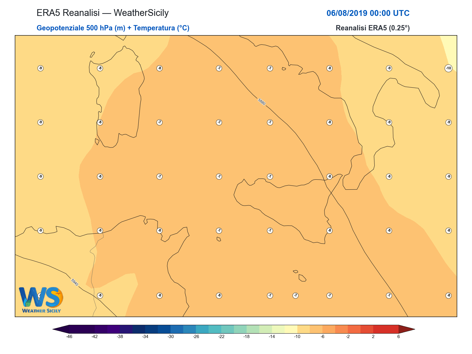 Geopotenziale 500 hPa + Temperatura · 2019080600