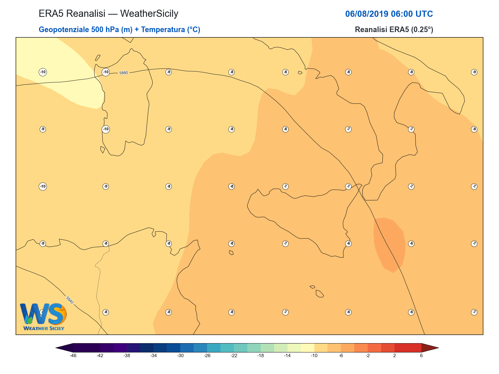 Geopotenziale 500 hPa + Temperatura · 2019080606