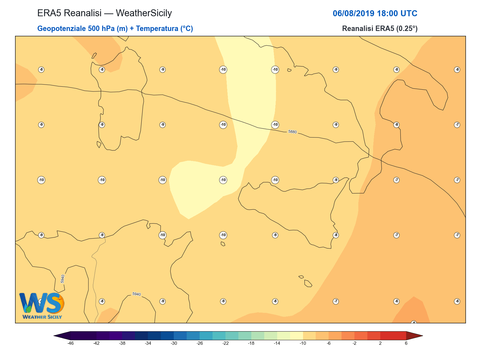 Geopotenziale 500 hPa + Temperatura · 2019080618