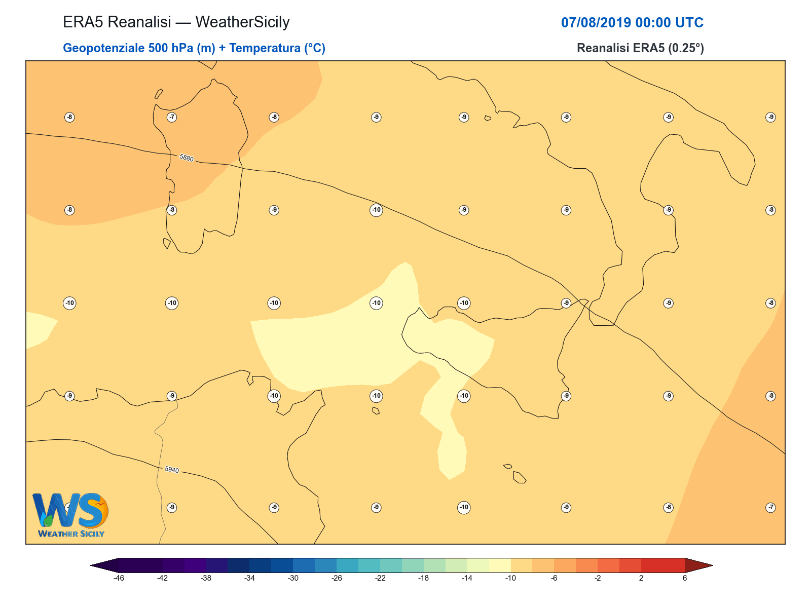Geopotenziale 500 hPa + Temperatura · 2019080700