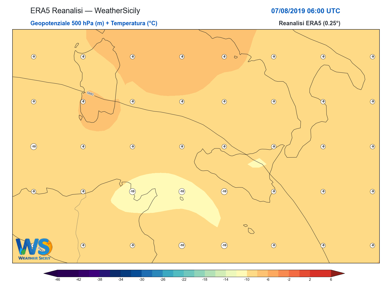 Geopotenziale 500 hPa + Temperatura · 2019080706
