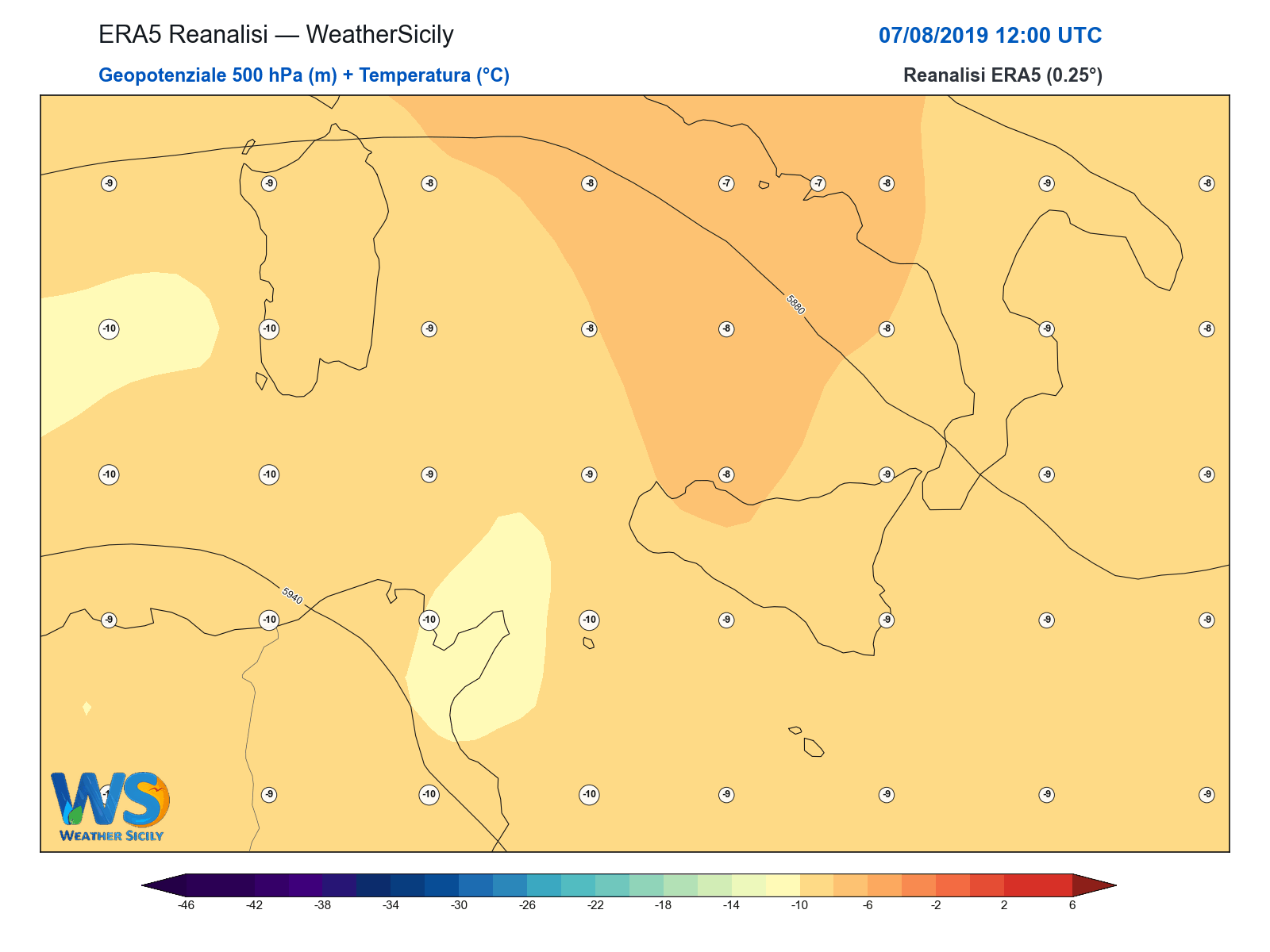 Geopotenziale 500 hPa + Temperatura · 2019080712