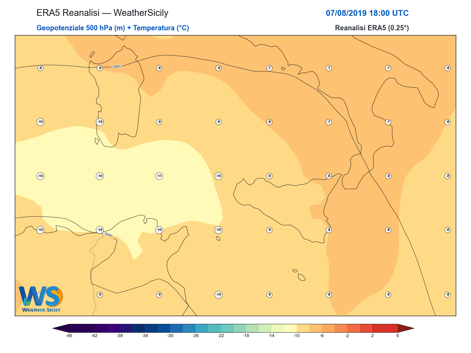 Geopotenziale 500 hPa + Temperatura · 2019080718