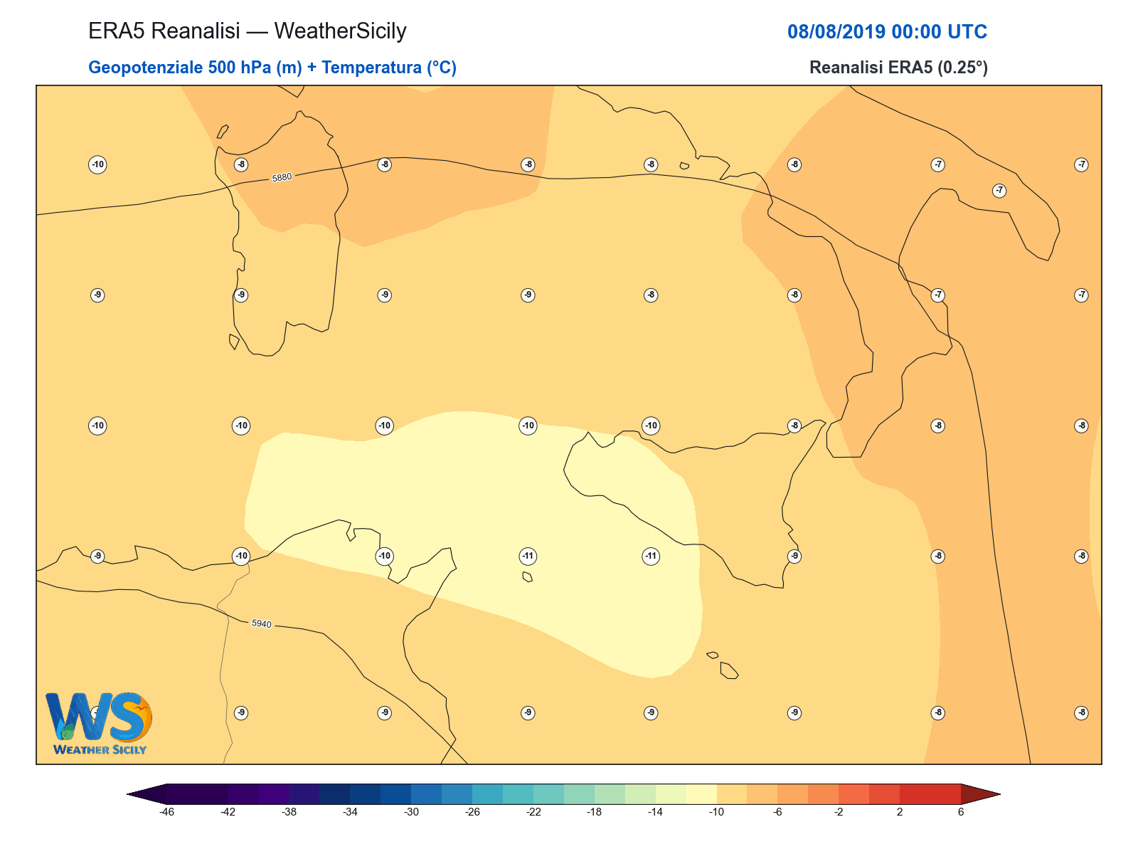 Geopotenziale 500 hPa + Temperatura · 2019080800