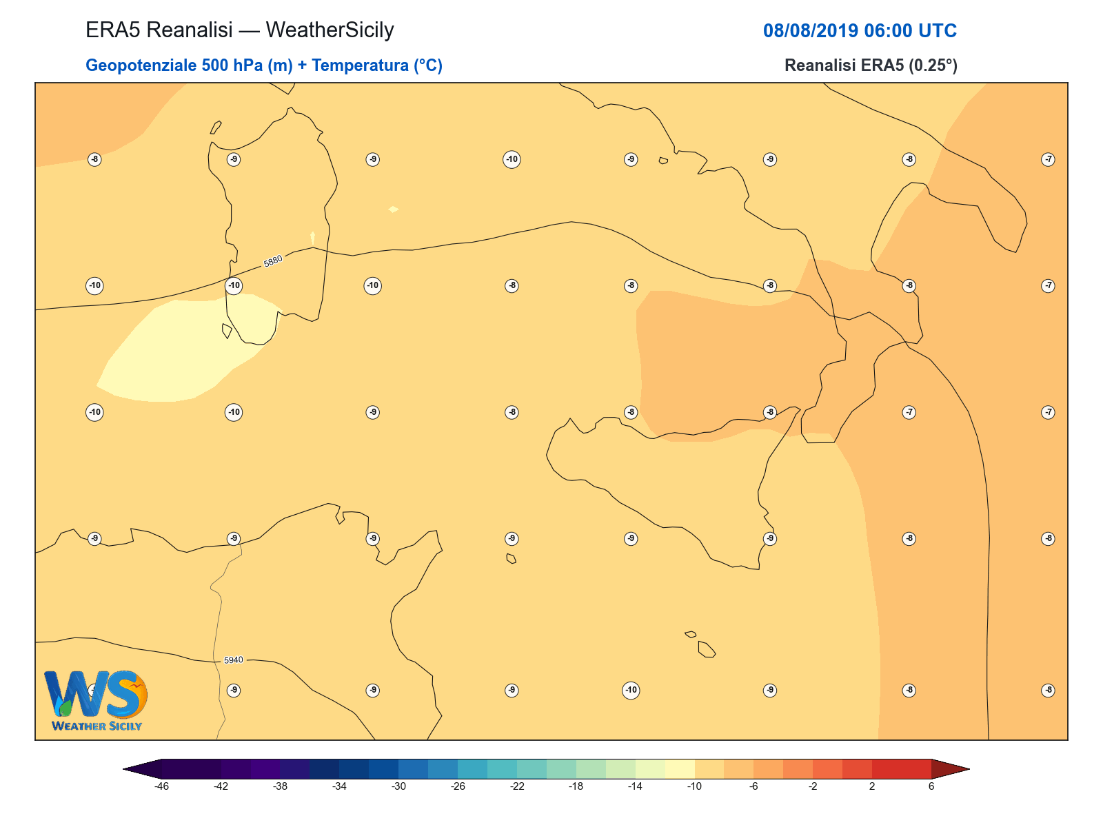 Geopotenziale 500 hPa + Temperatura · 2019080806