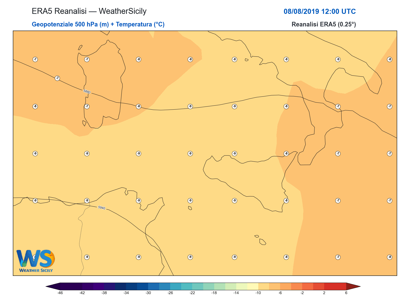 Geopotenziale 500 hPa + Temperatura · 2019080812