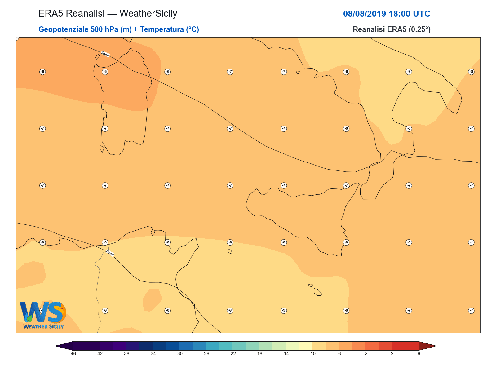 Geopotenziale 500 hPa + Temperatura · 2019080818