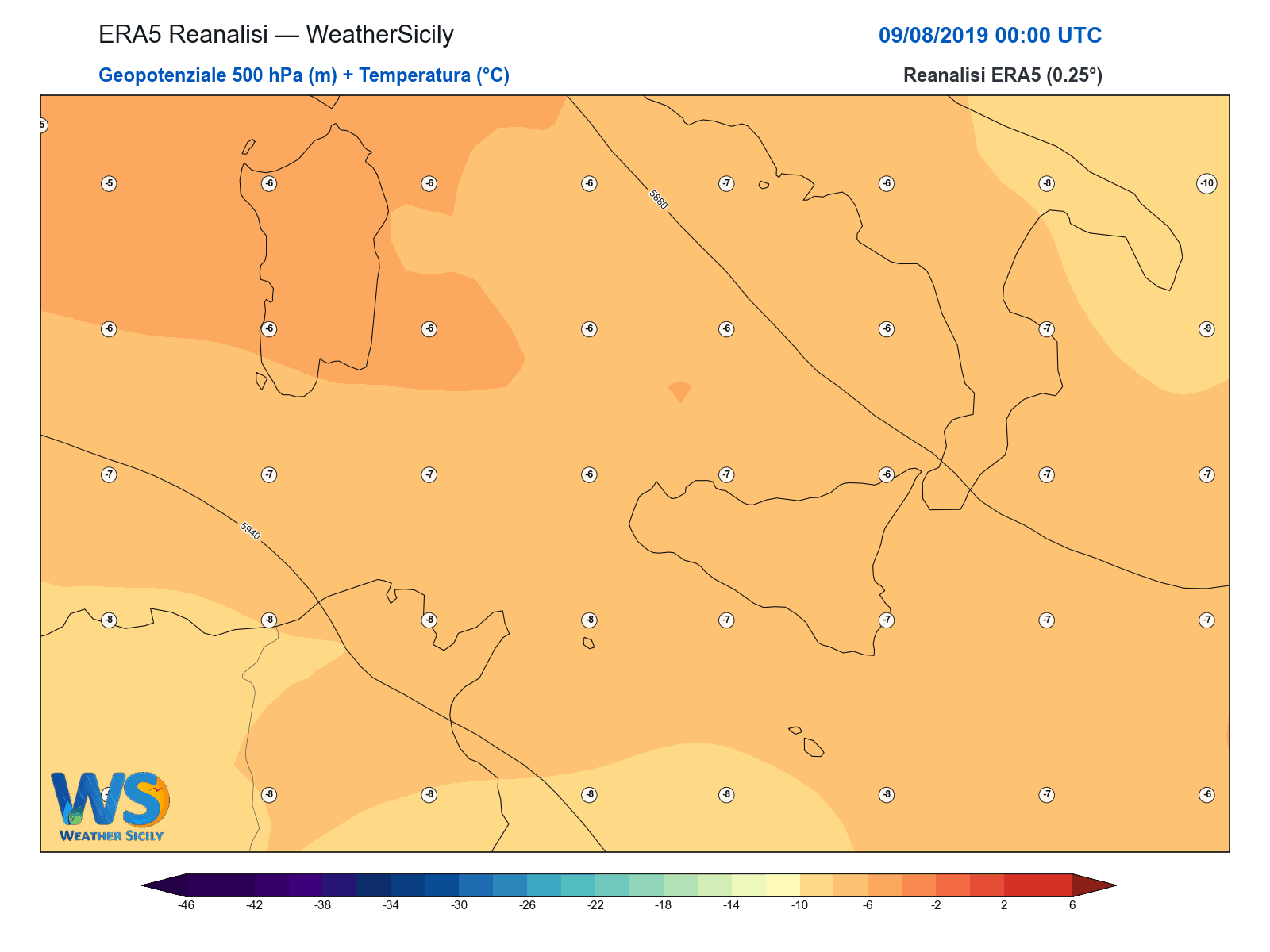 Geopotenziale 500 hPa + Temperatura · 2019080900