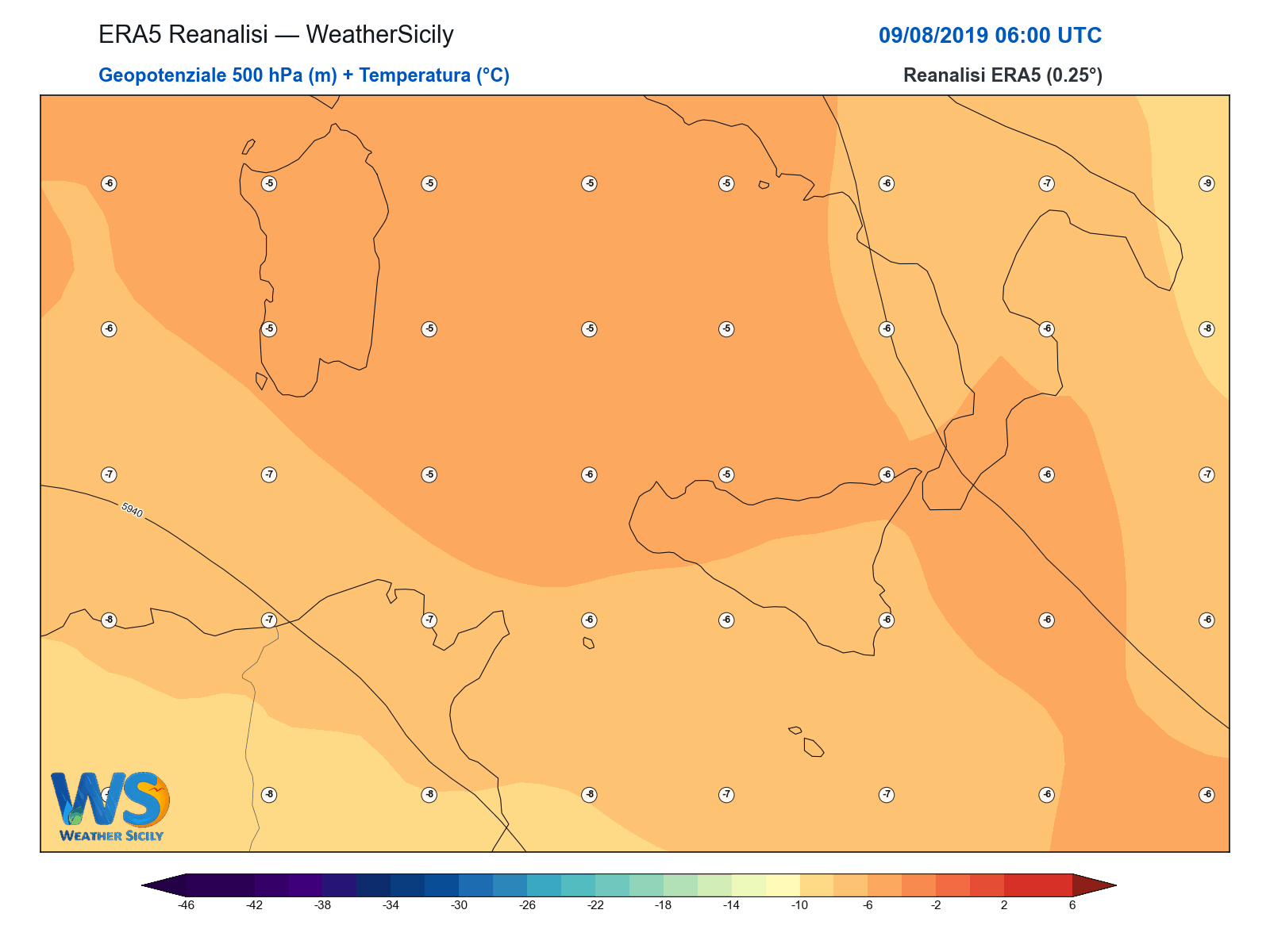 Geopotenziale 500 hPa + Temperatura · 2019080906