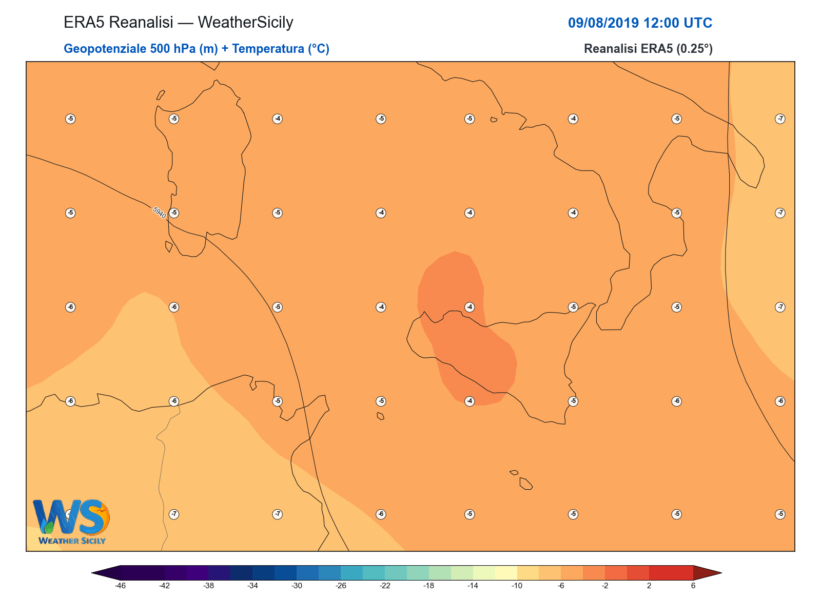 Geopotenziale 500 hPa + Temperatura · 2019080912