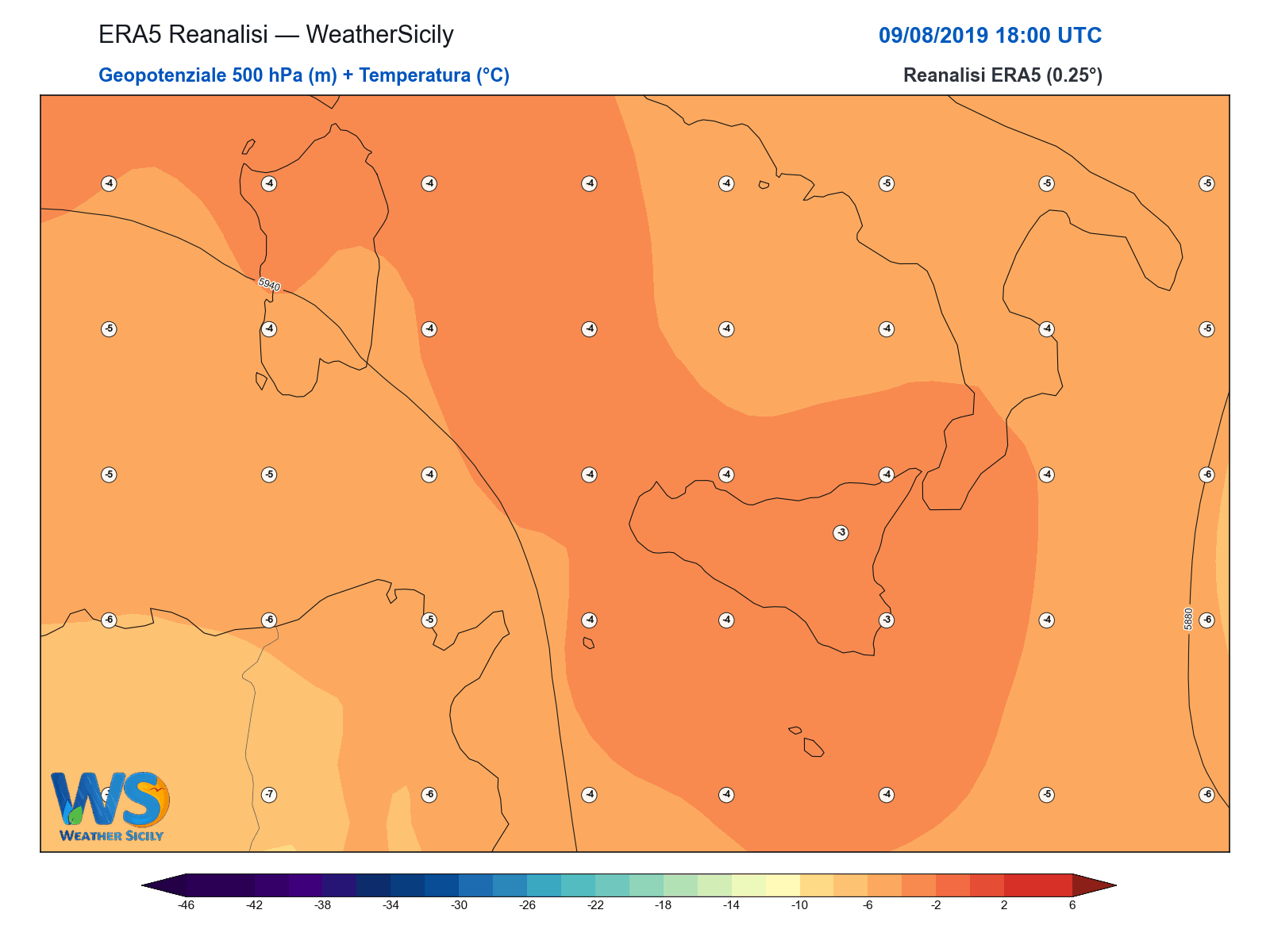 Geopotenziale 500 hPa + Temperatura · 2019080918