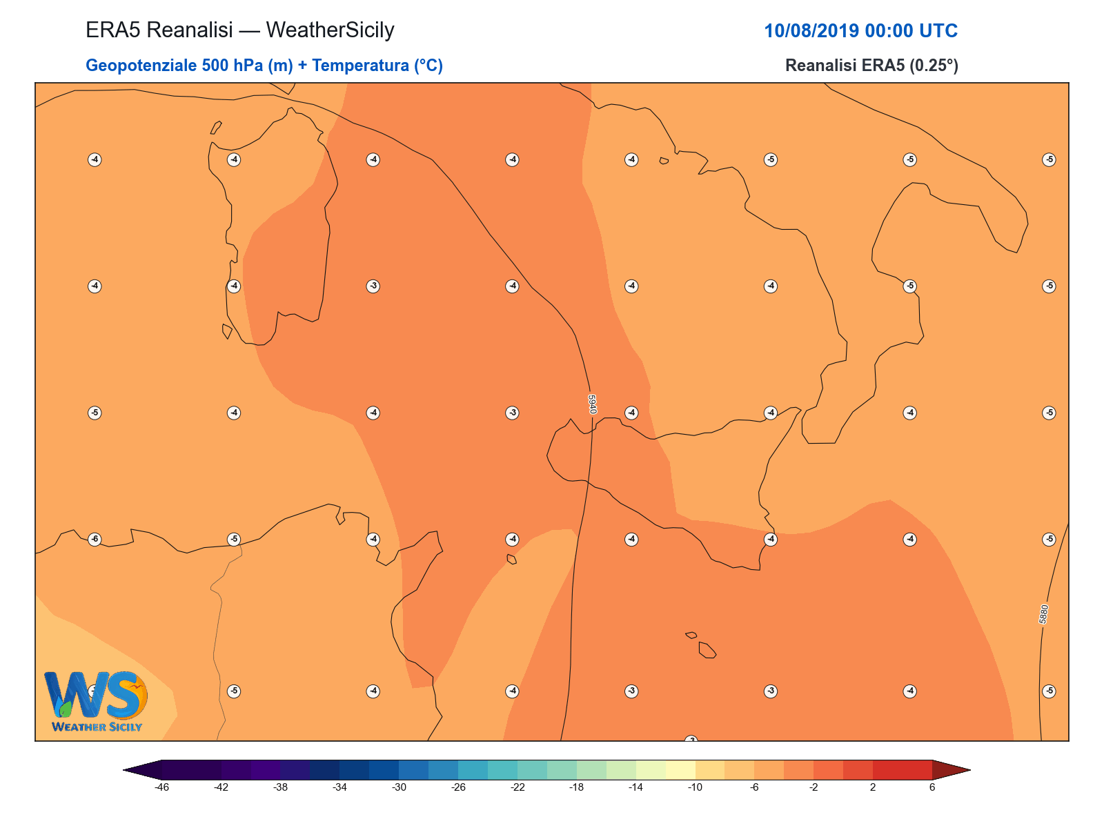 Geopotenziale 500 hPa + Temperatura · 2019081000
