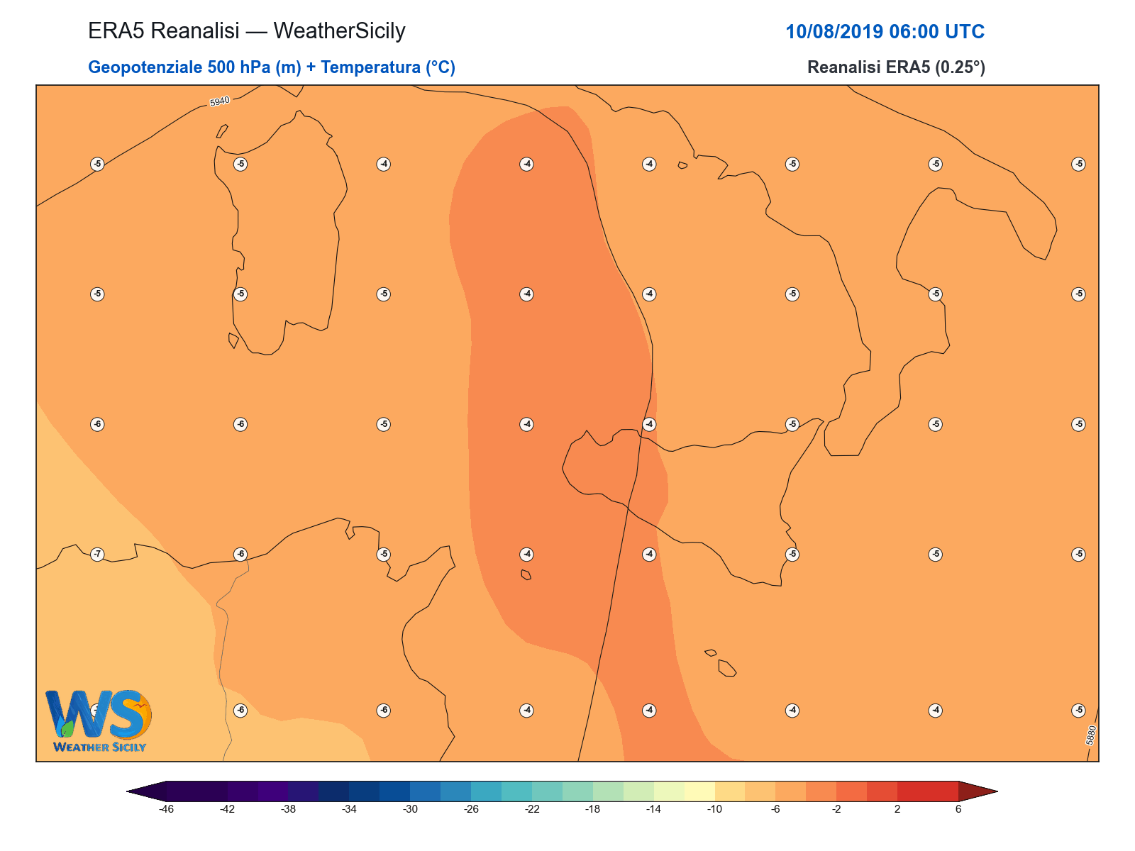 Geopotenziale 500 hPa + Temperatura · 2019081006
