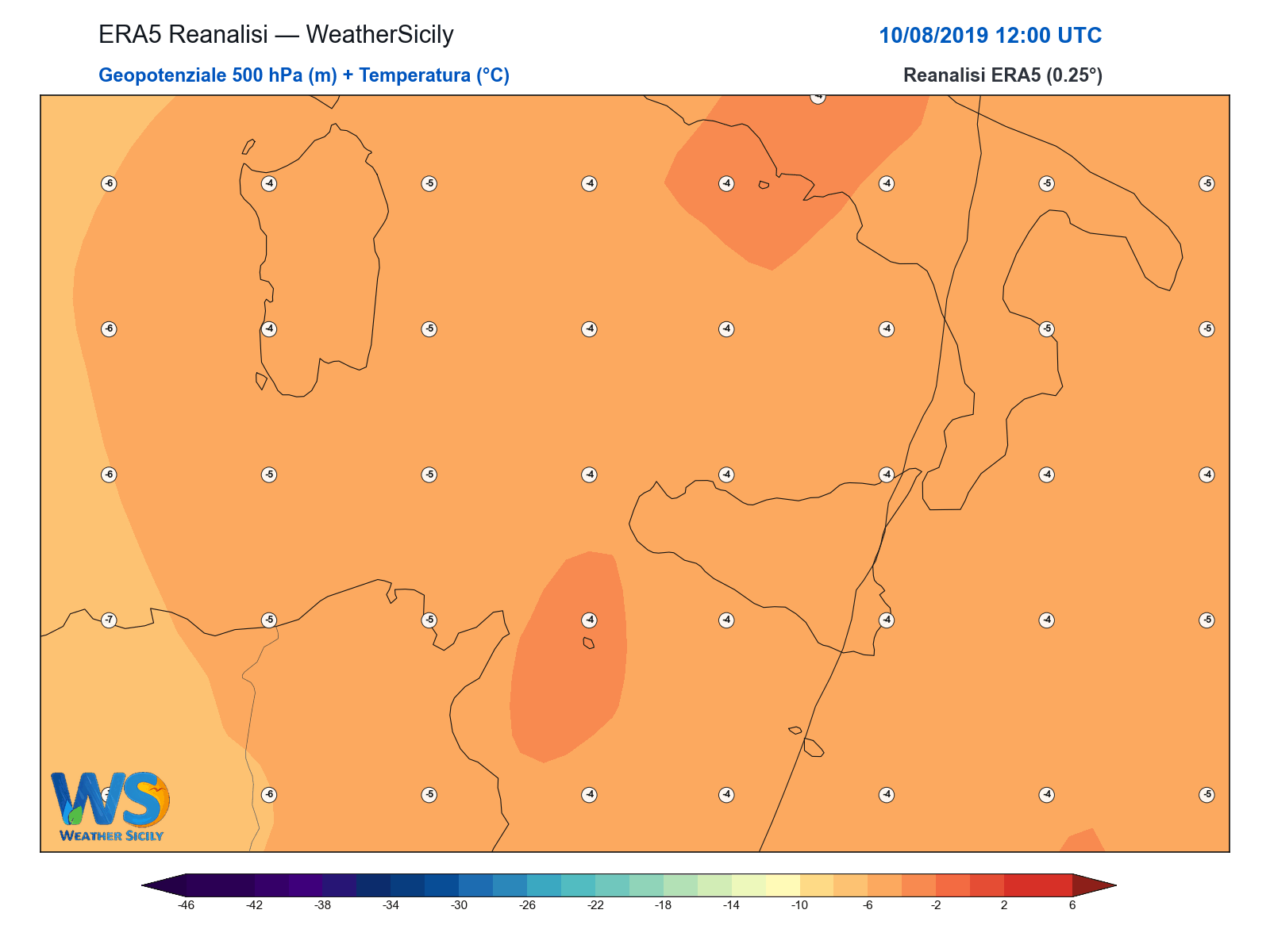 Geopotenziale 500 hPa + Temperatura · 2019081012