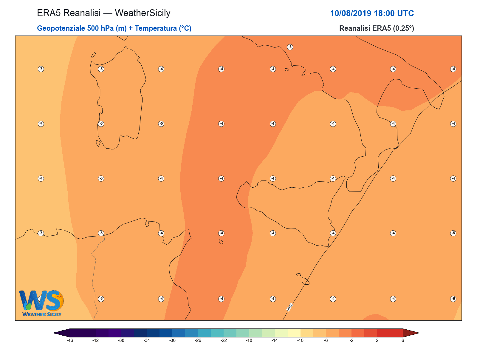 Geopotenziale 500 hPa + Temperatura · 2019081018