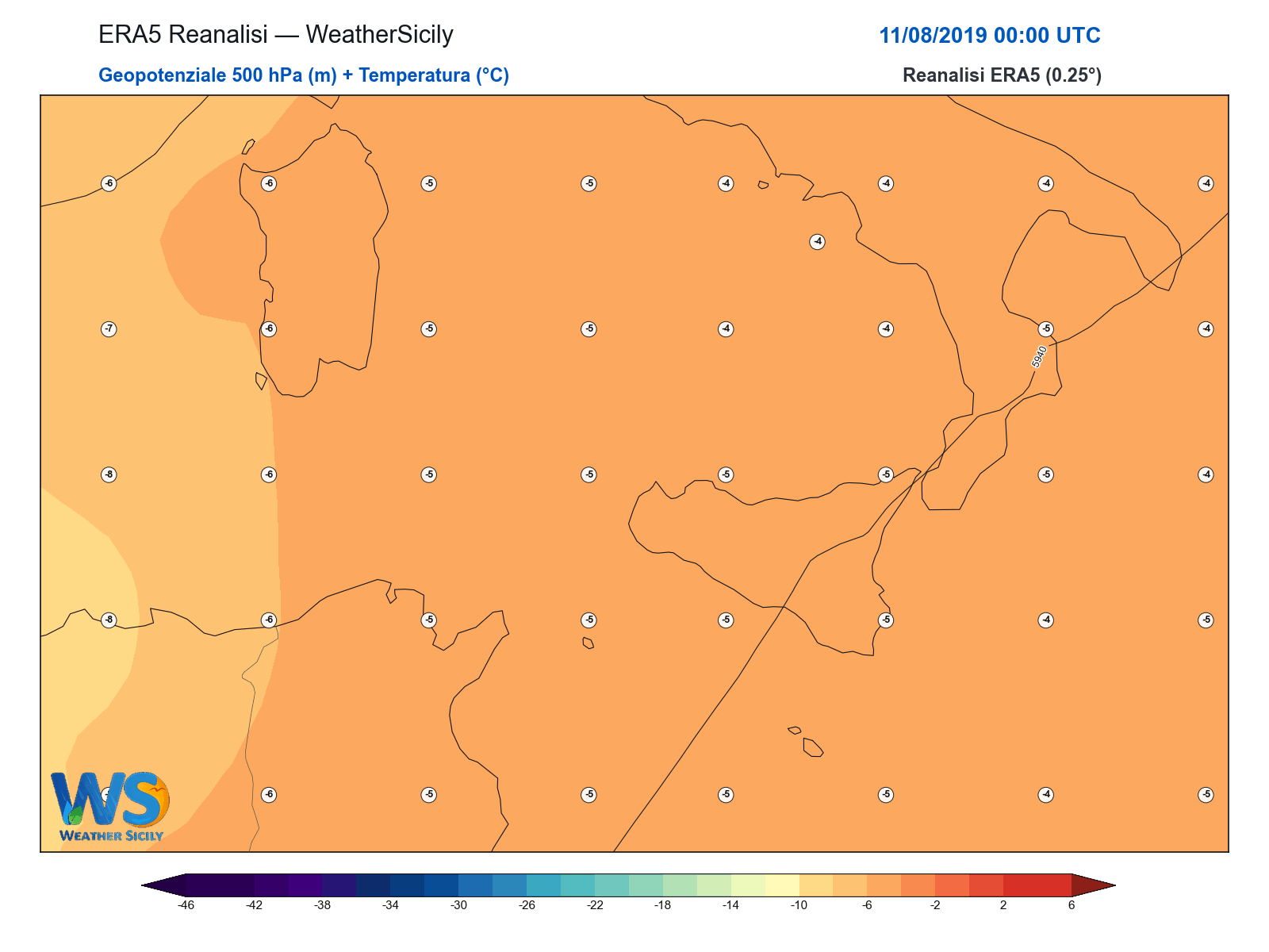 Geopotenziale 500 hPa + Temperatura · 2019081100