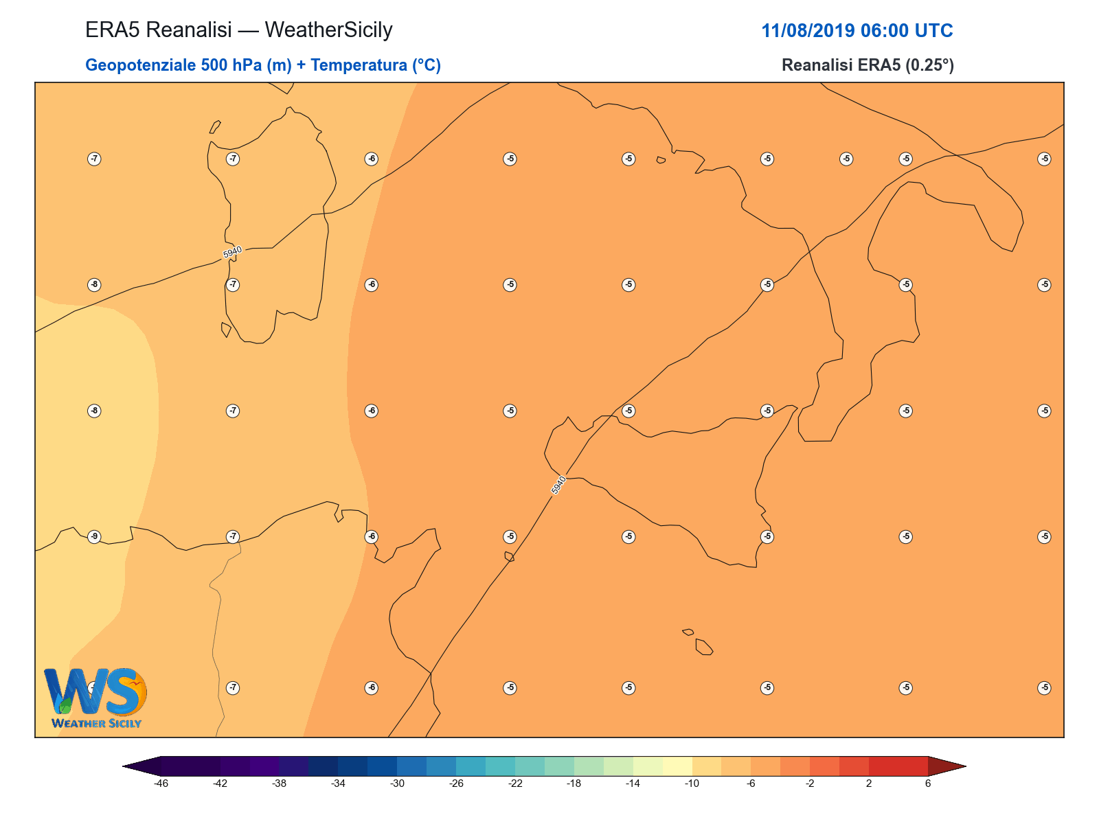 Geopotenziale 500 hPa + Temperatura · 2019081106