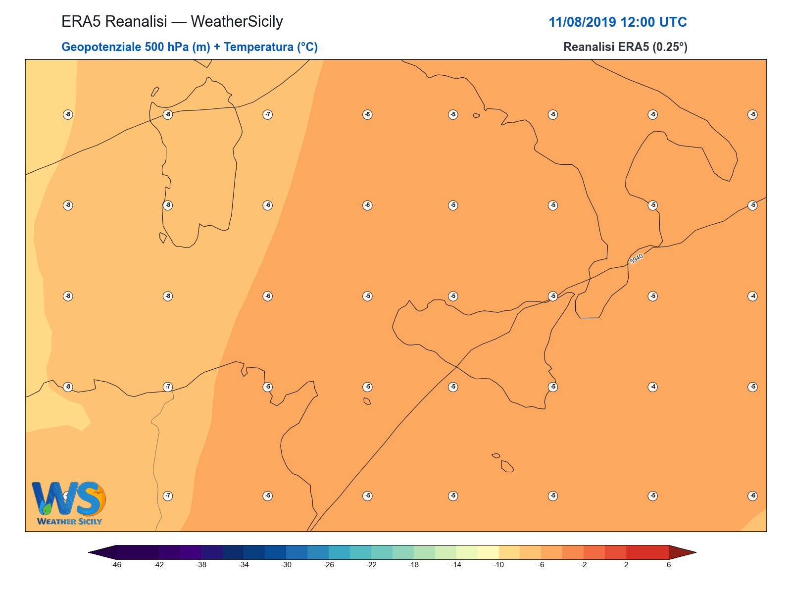 Geopotenziale 500 hPa + Temperatura · 2019081112