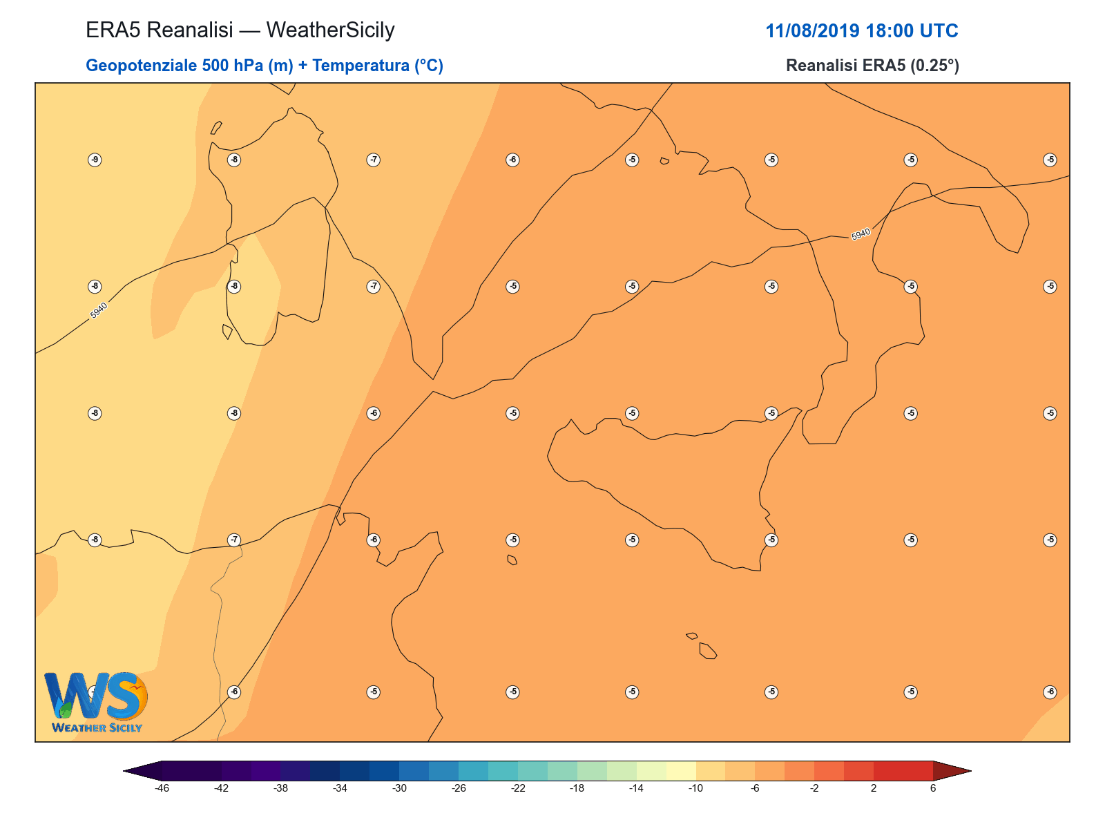 Geopotenziale 500 hPa + Temperatura · 2019081118