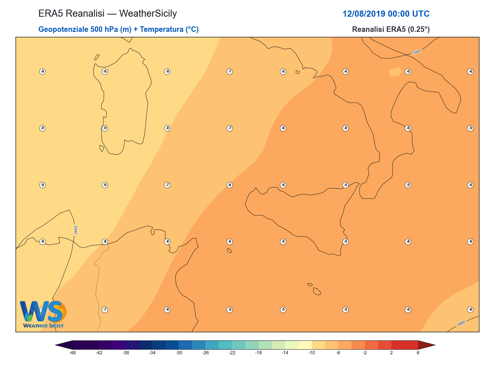 Geopotenziale 500 hPa + Temperatura · 2019081200