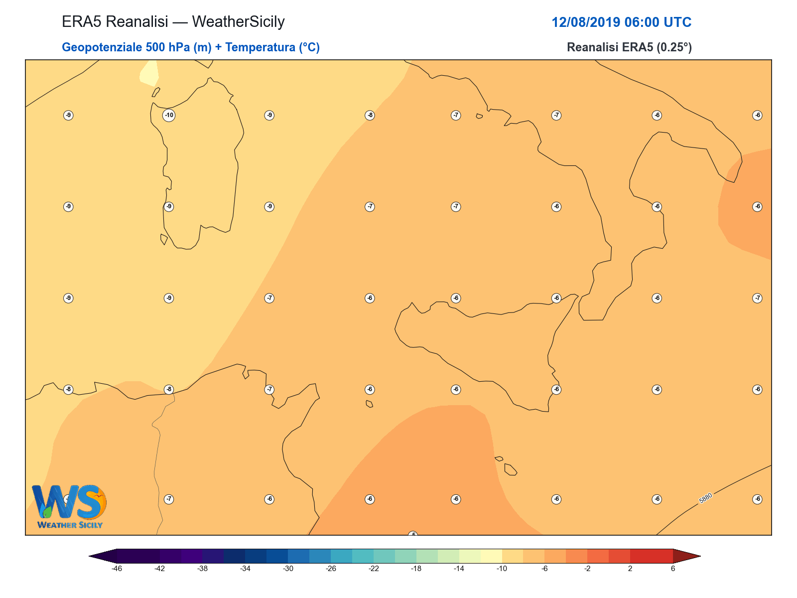 Geopotenziale 500 hPa + Temperatura · 2019081206