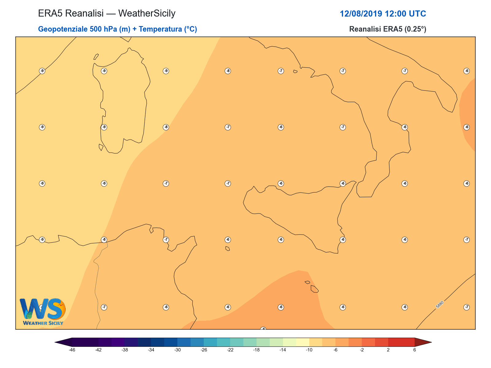 Geopotenziale 500 hPa + Temperatura · 2019081212