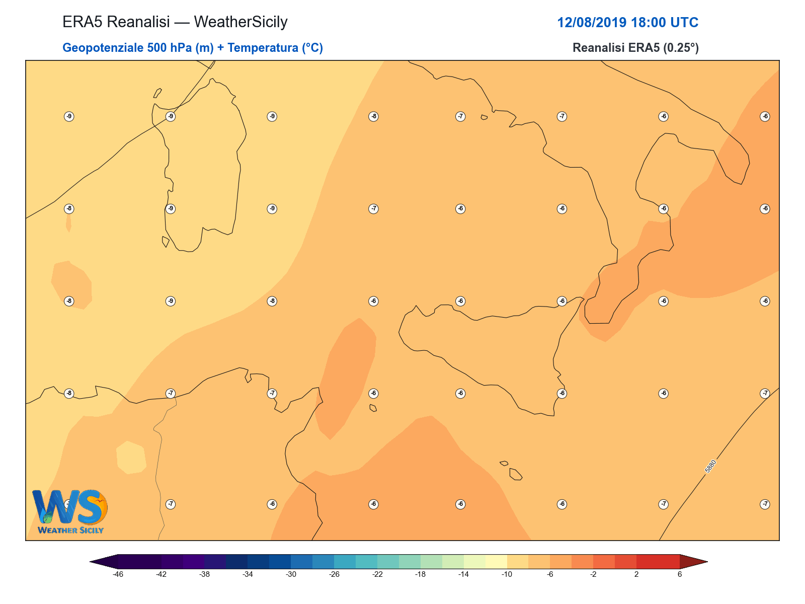 Geopotenziale 500 hPa + Temperatura · 2019081218