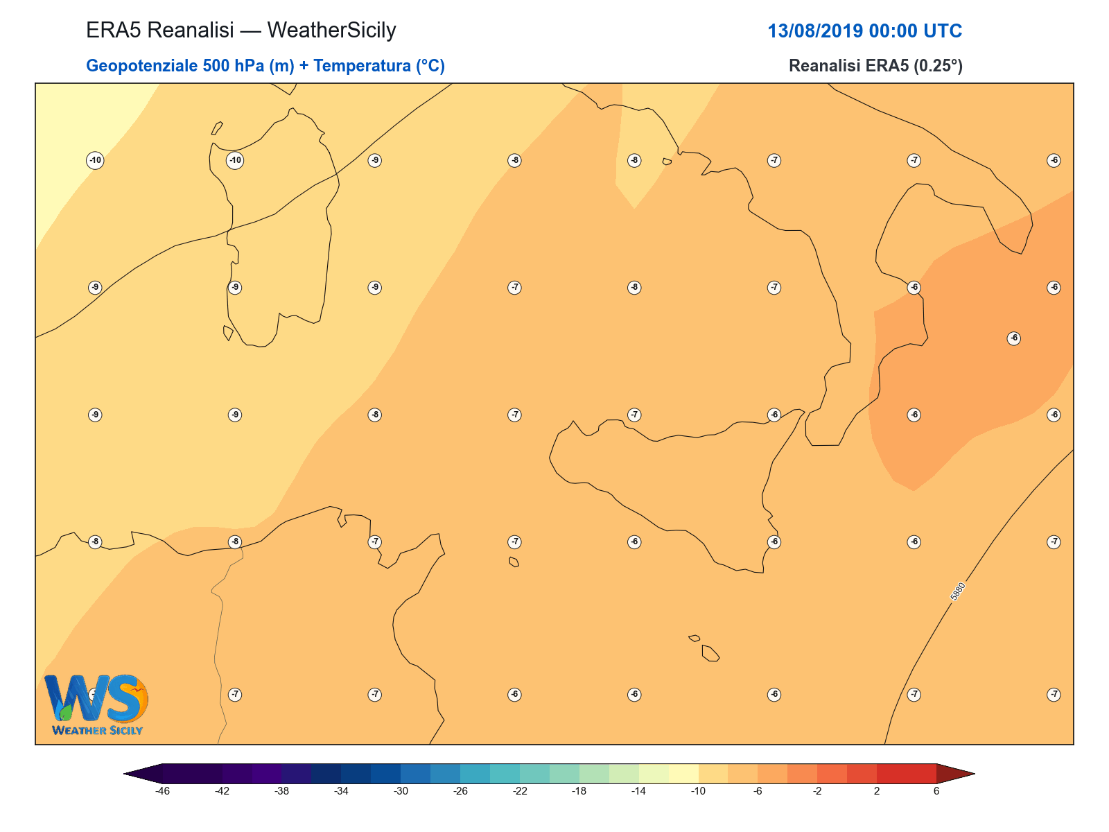 Geopotenziale 500 hPa + Temperatura · 2019081300