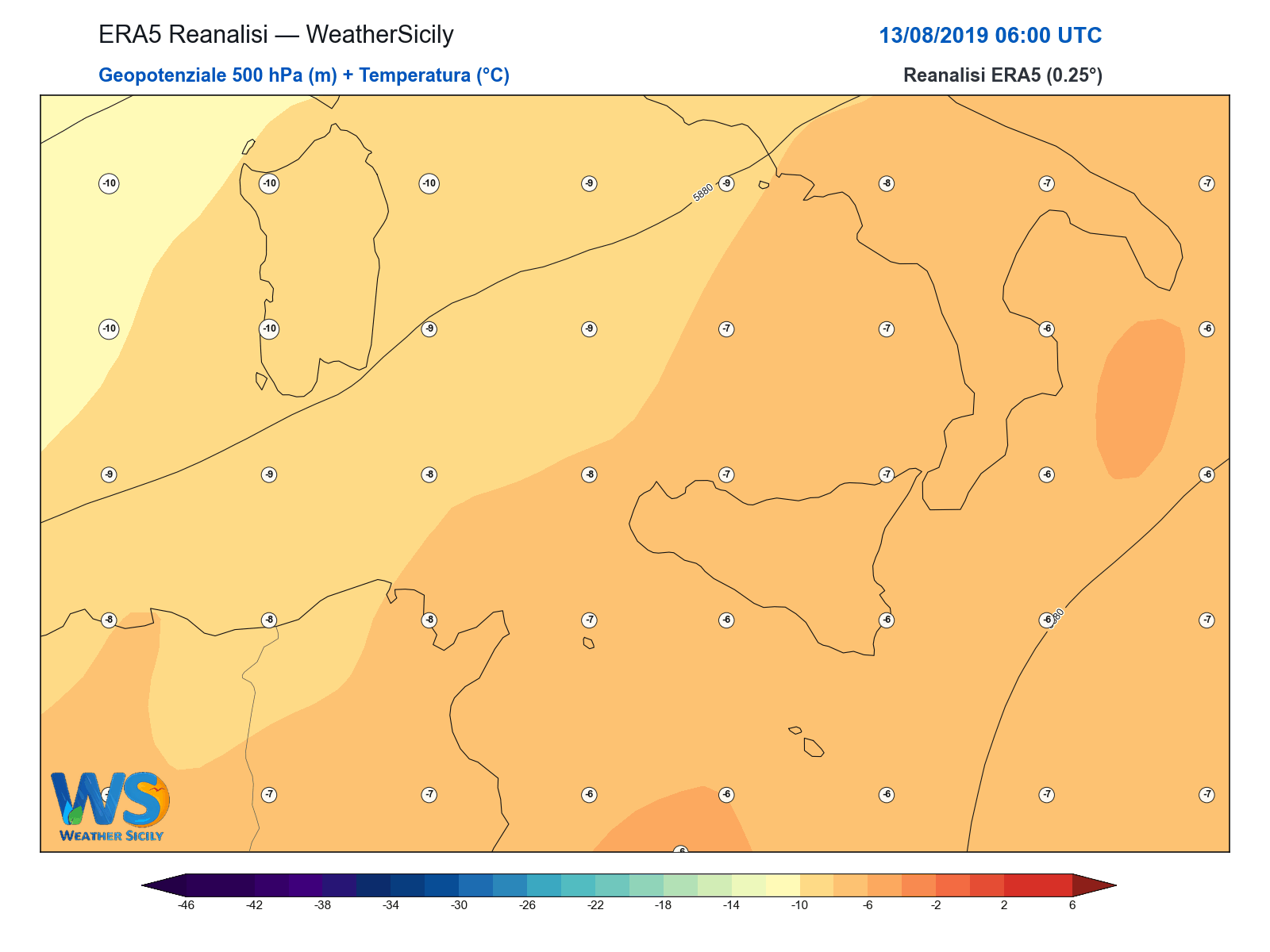Geopotenziale 500 hPa + Temperatura · 2019081306