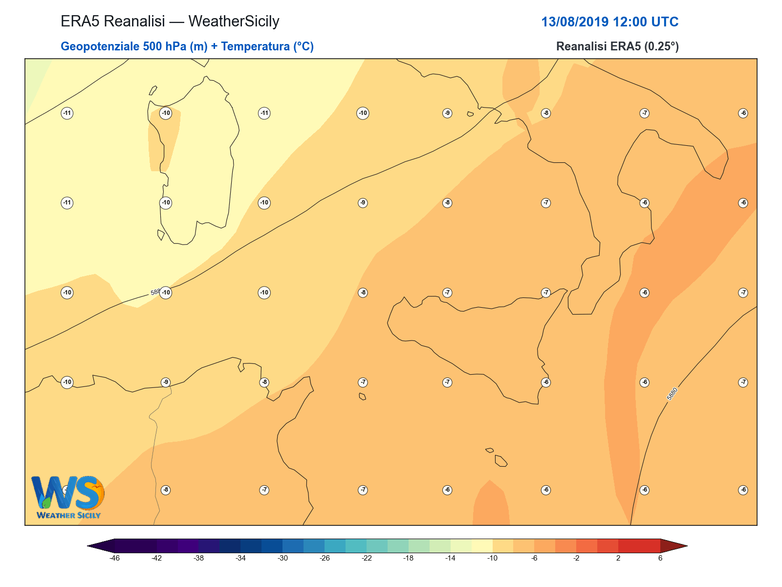 Geopotenziale 500 hPa + Temperatura · 2019081312