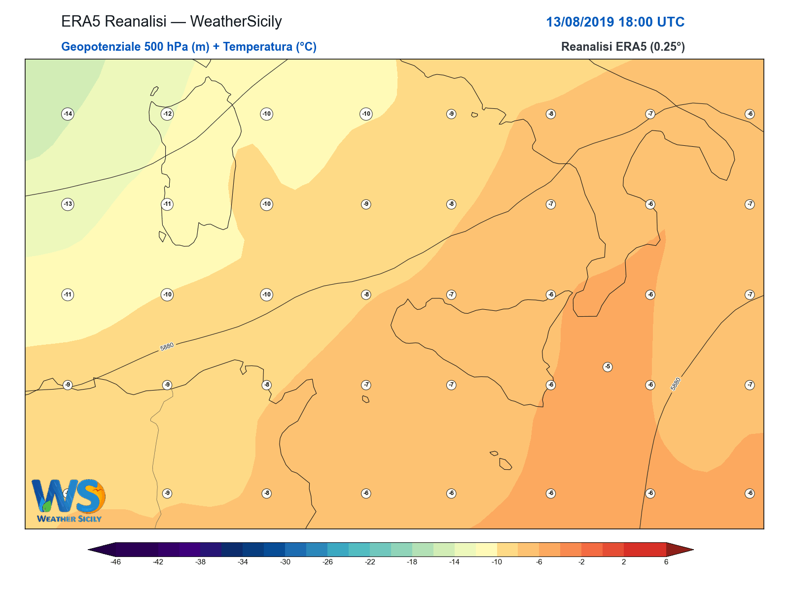 Geopotenziale 500 hPa + Temperatura · 2019081318