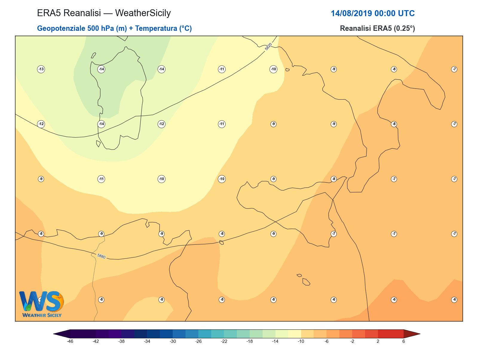 Geopotenziale 500 hPa + Temperatura · 2019081400