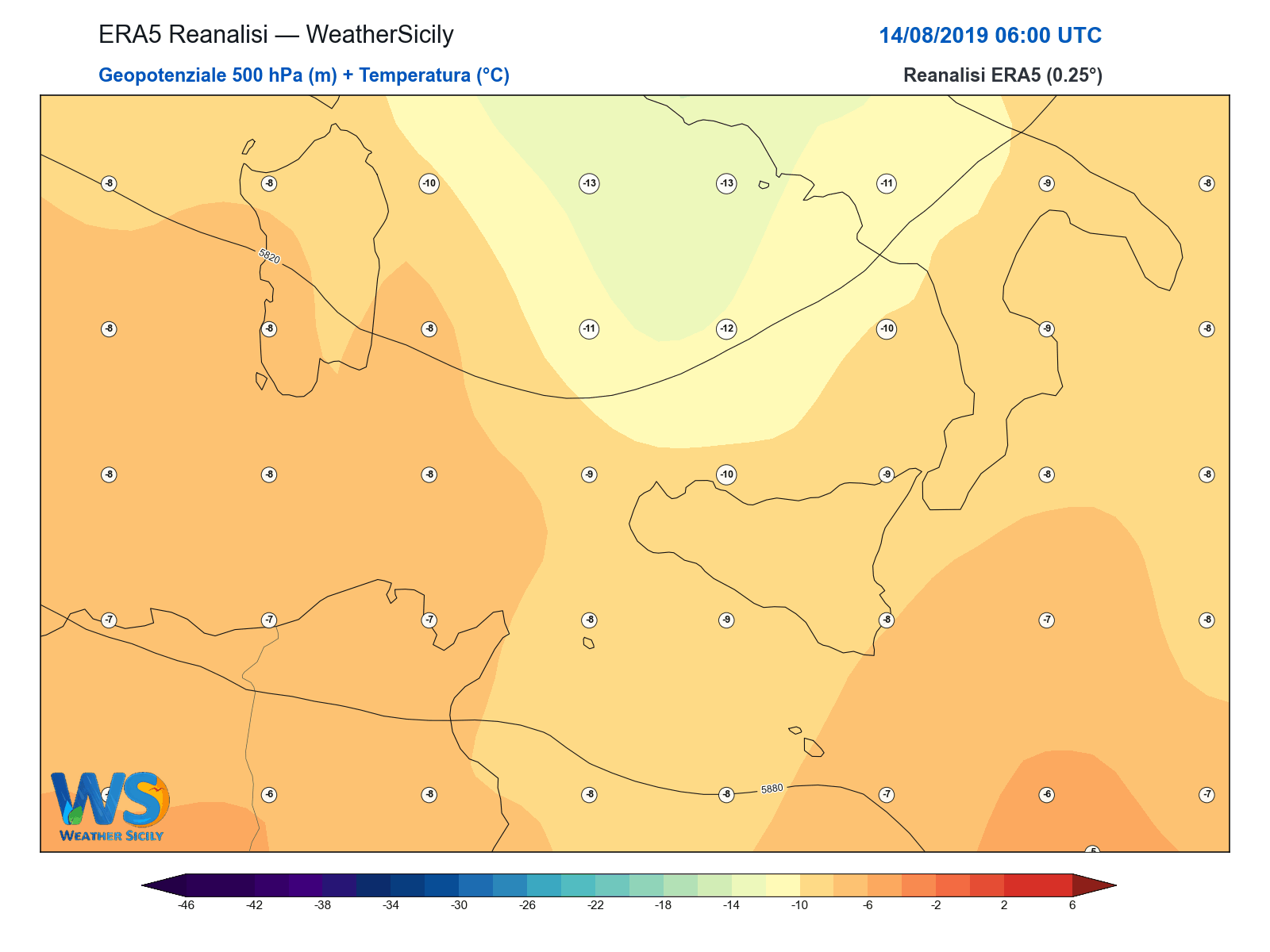 Geopotenziale 500 hPa + Temperatura · 2019081406