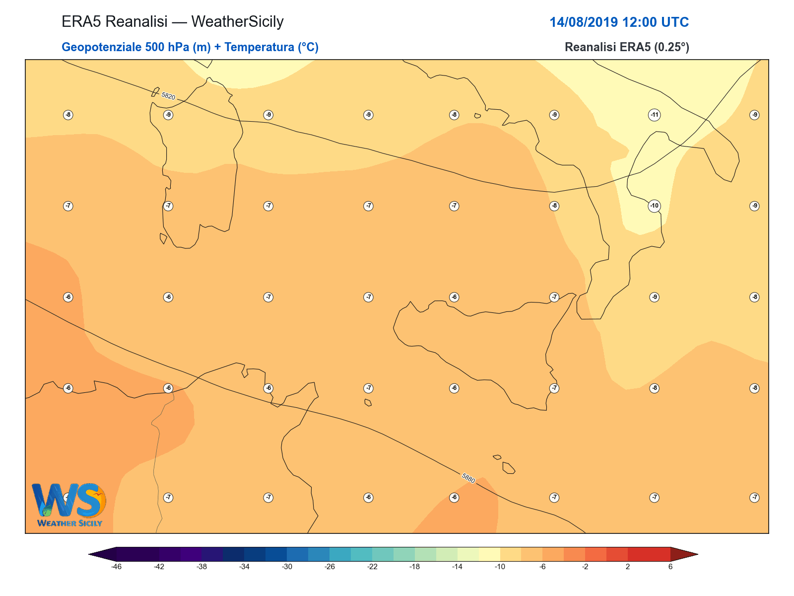 Geopotenziale 500 hPa + Temperatura · 2019081412