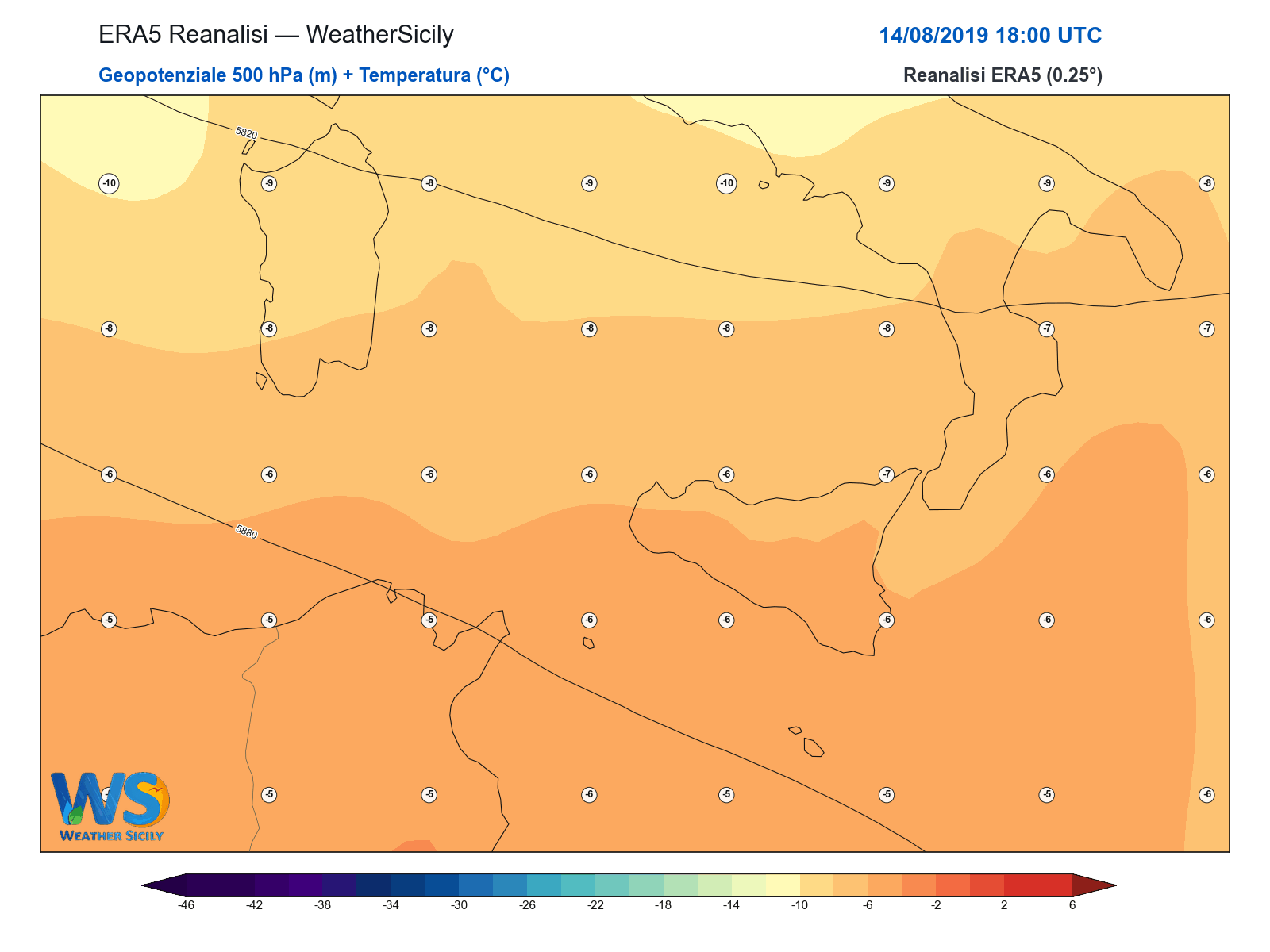 Geopotenziale 500 hPa + Temperatura · 2019081418