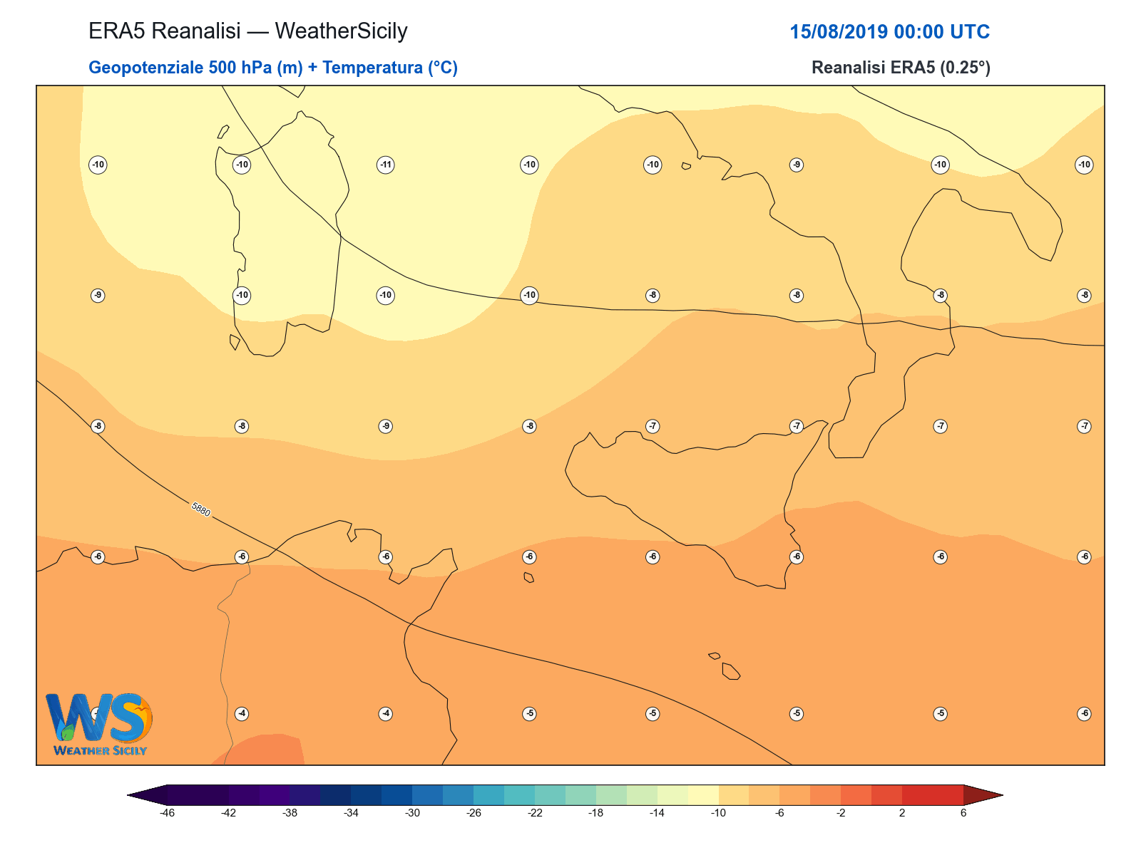 Geopotenziale 500 hPa + Temperatura · 2019081500