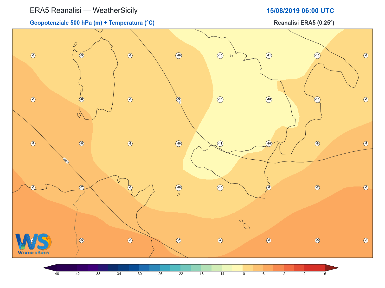 Geopotenziale 500 hPa + Temperatura · 2019081506