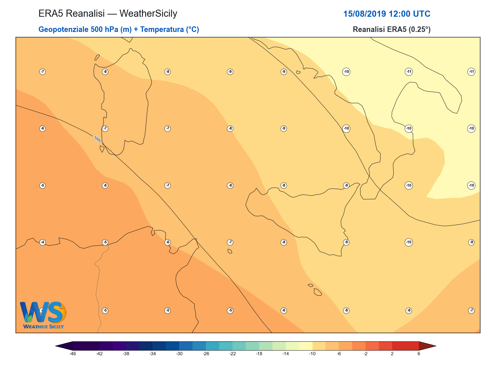 Geopotenziale 500 hPa + Temperatura · 2019081512