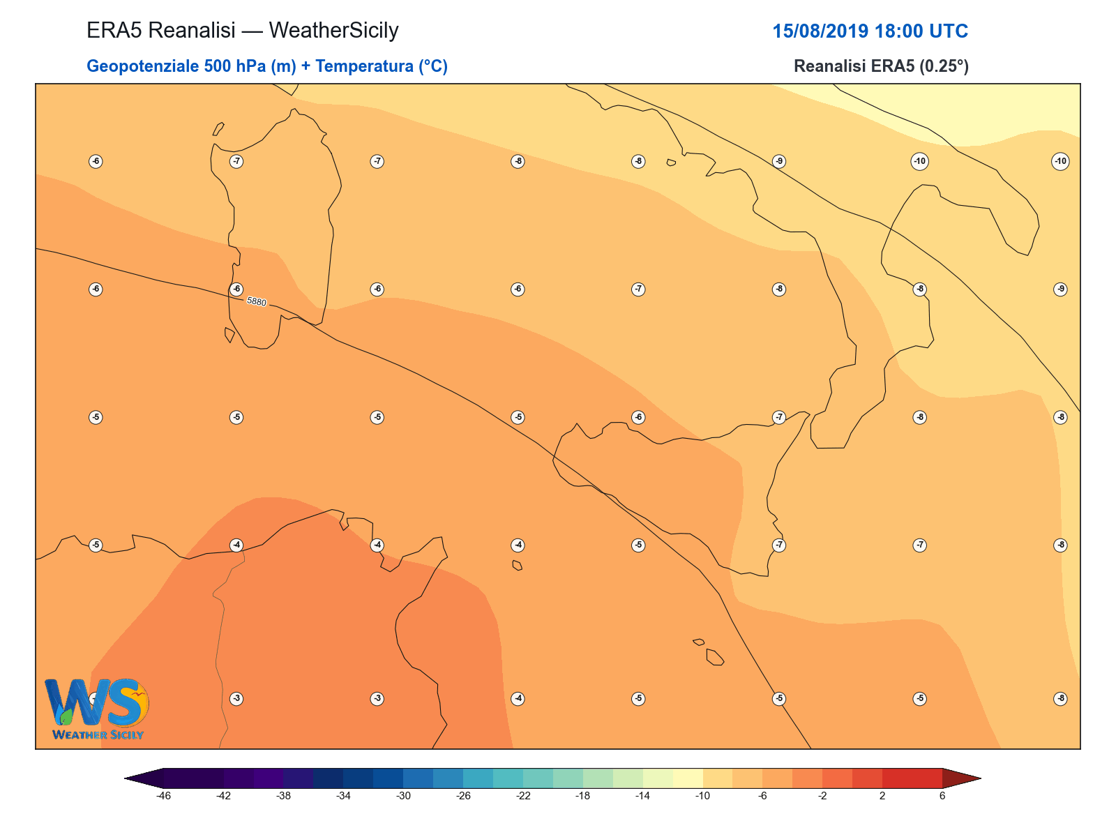 Geopotenziale 500 hPa + Temperatura · 2019081518