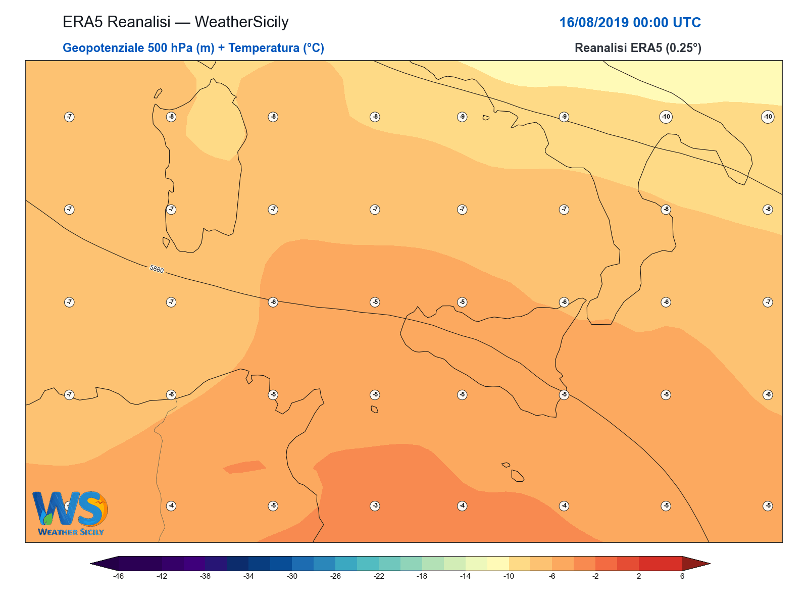 Geopotenziale 500 hPa + Temperatura · 2019081600