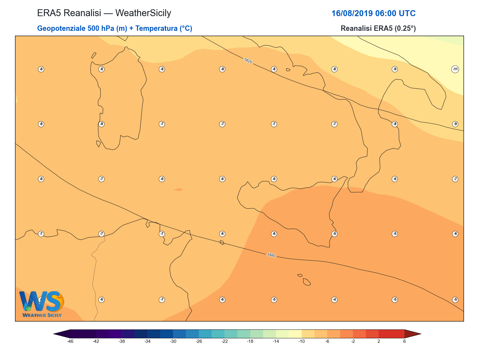 Geopotenziale 500 hPa + Temperatura · 2019081606
