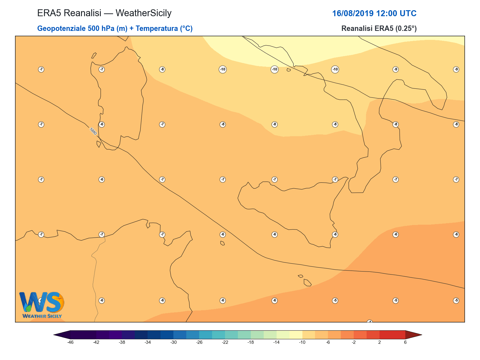 Geopotenziale 500 hPa + Temperatura · 2019081612