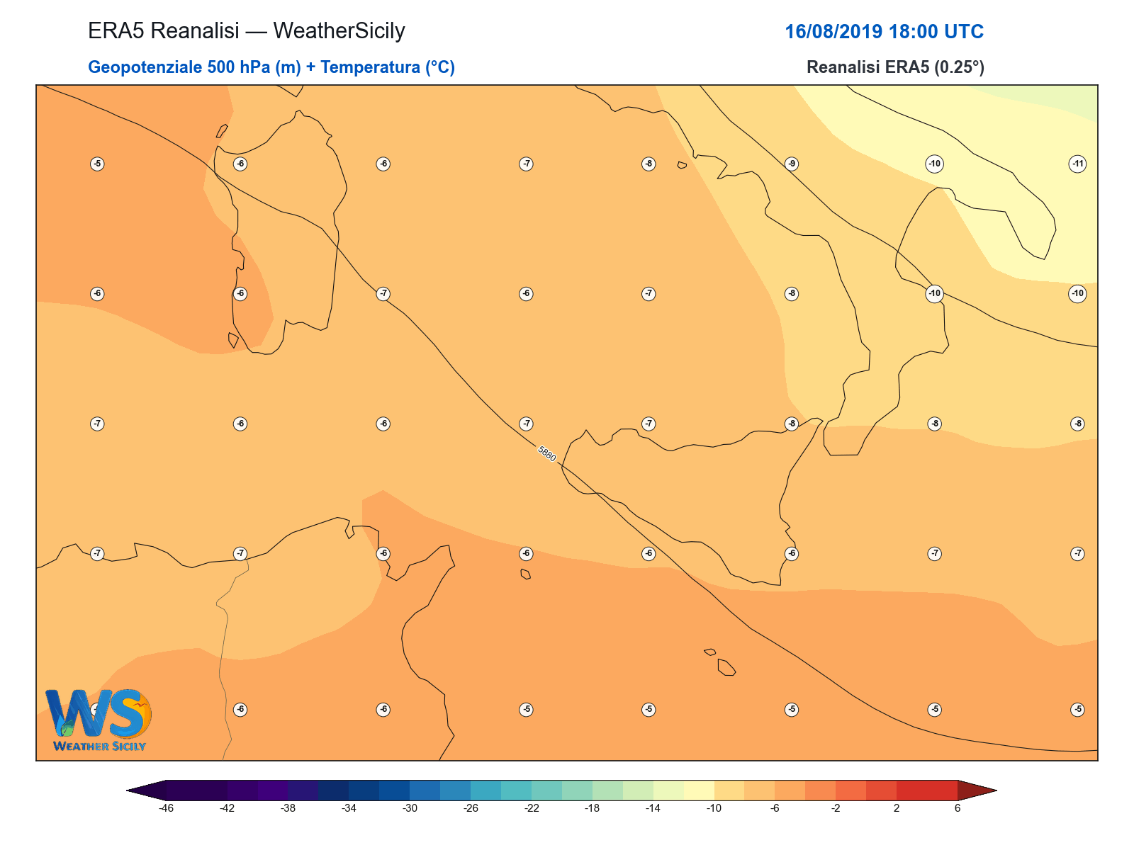 Geopotenziale 500 hPa + Temperatura · 2019081618
