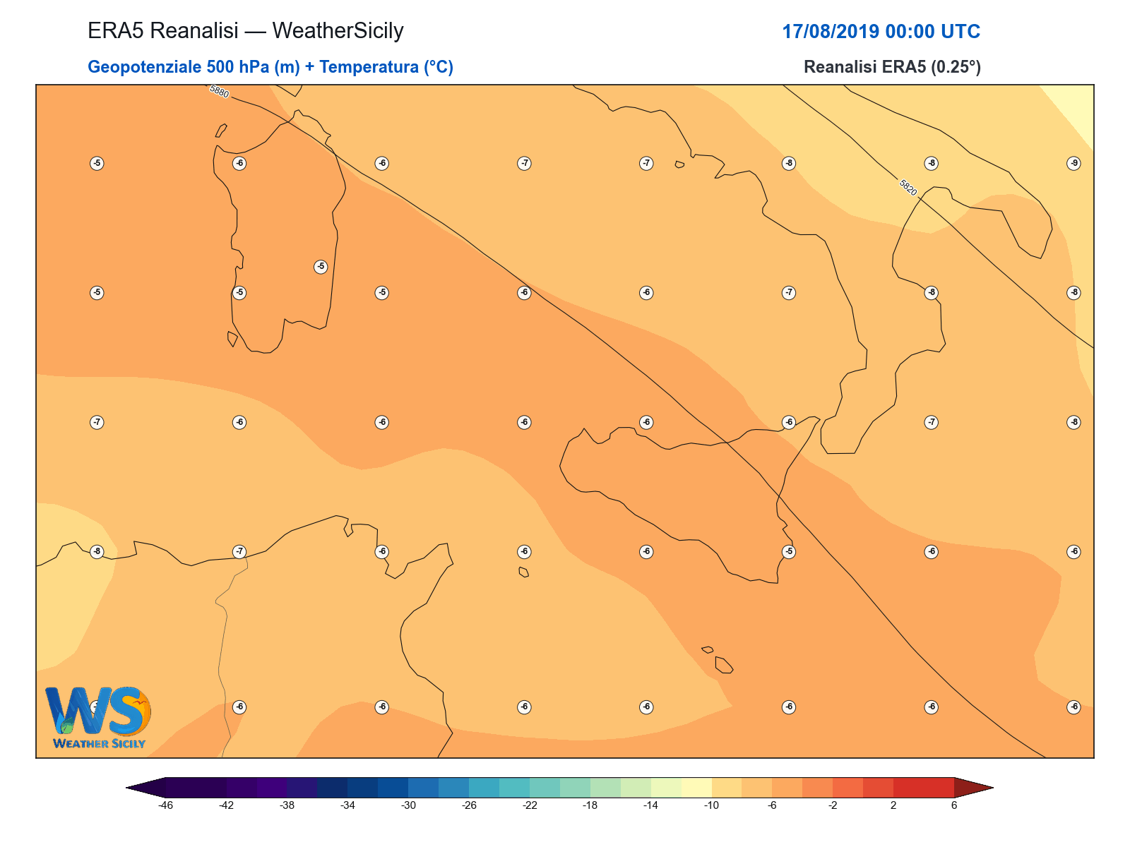 Geopotenziale 500 hPa + Temperatura · 2019081700